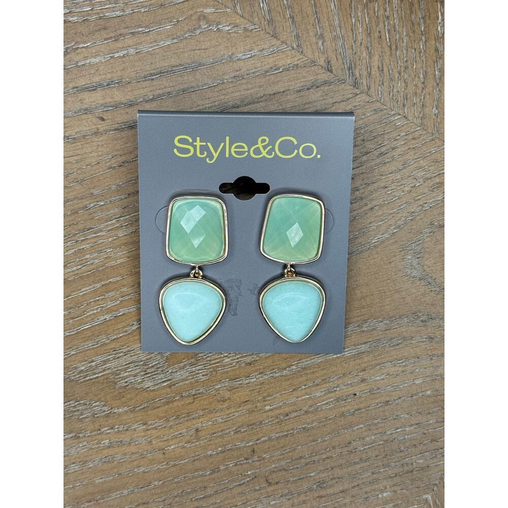 Style & Co Gold Tone Green Double Drop Dangle Earrings Faceted Stone